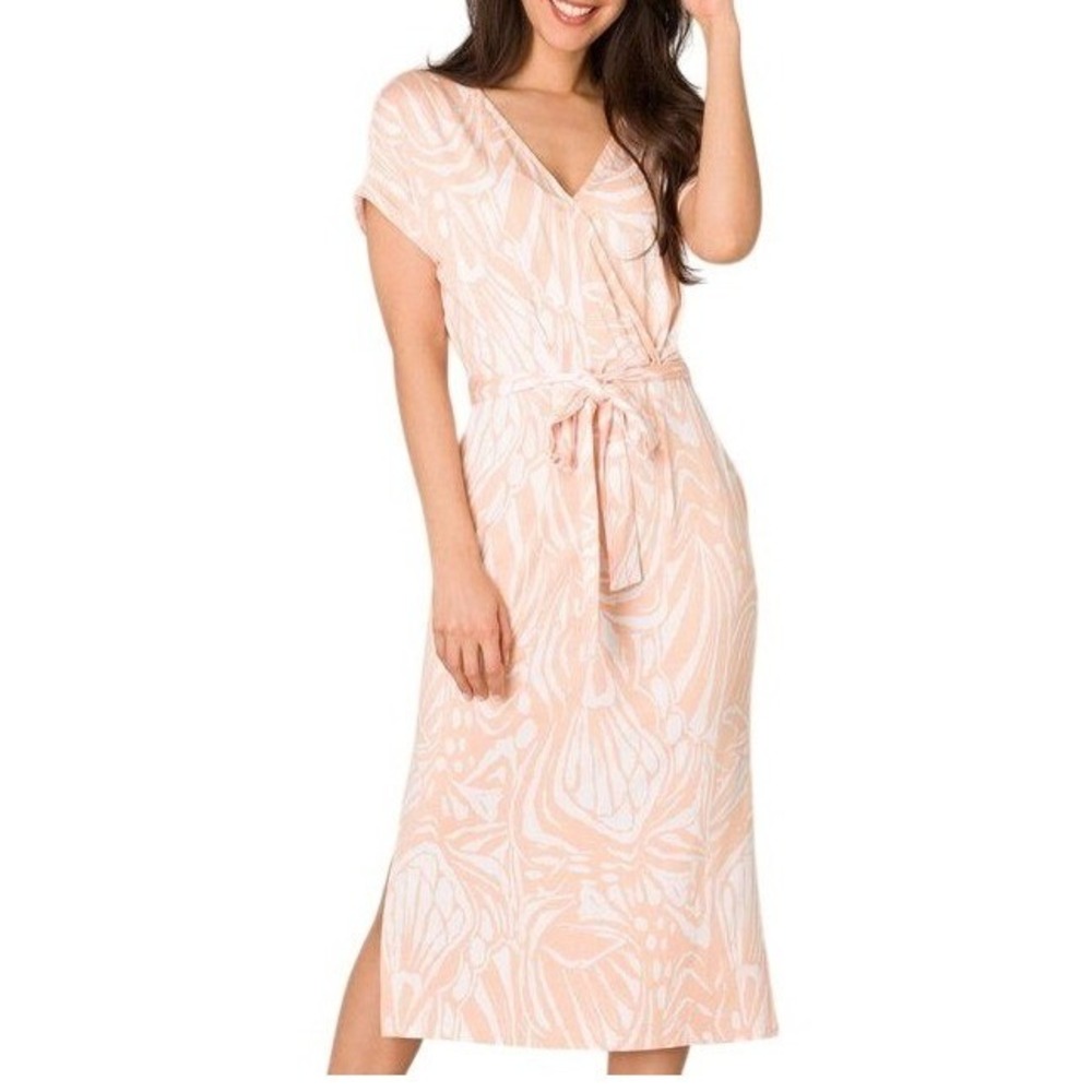 Yest Netherlands Maya‎ Faux Wrap Dress 6 Peach Soft Abstract Jersey Coastal Boho